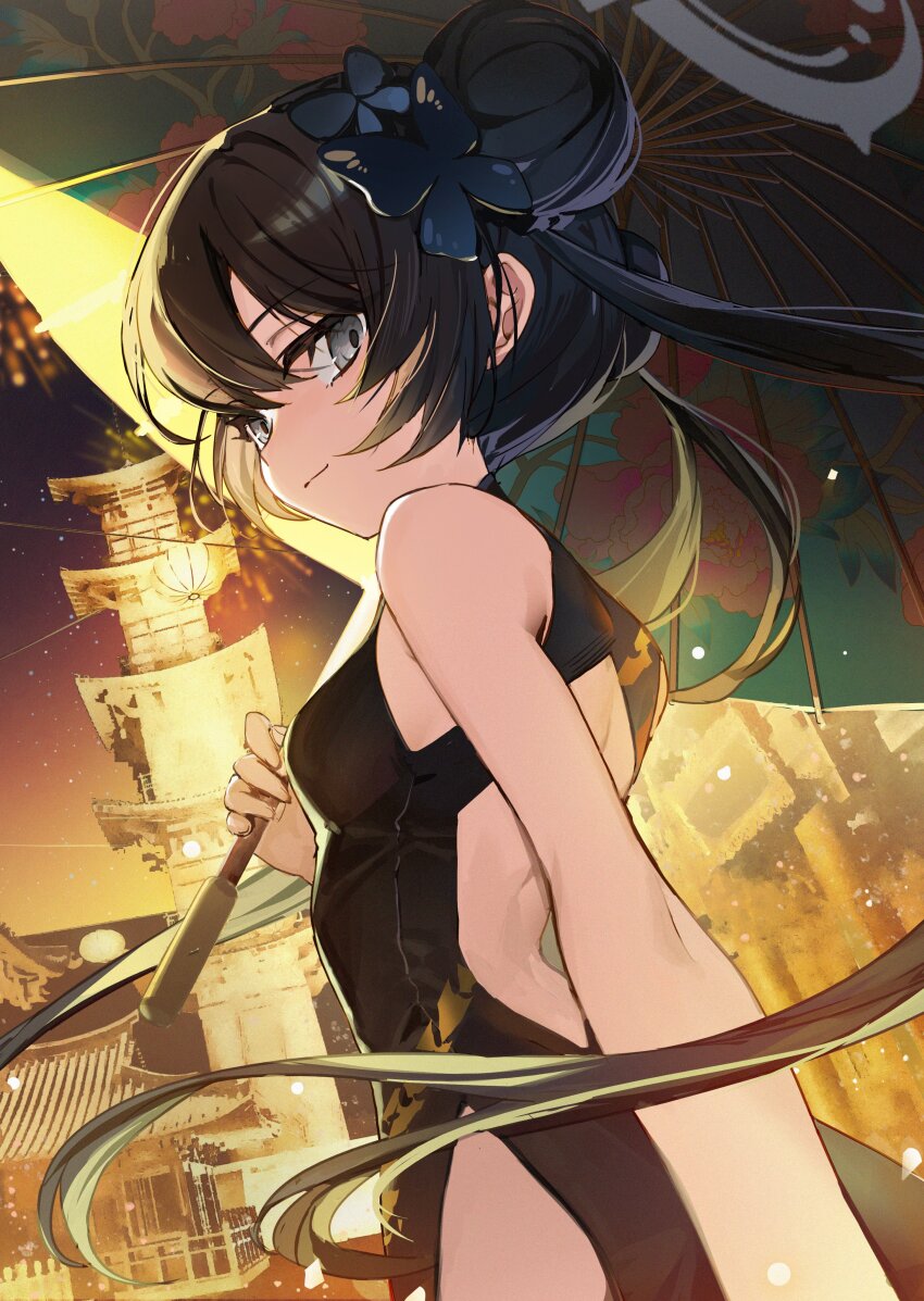 absurdres b_soyo1 bare_shoulders black_dress black_hair blue_archive blush breasts butterfly_hair_ornament china_dress chinese_clothes closed_mouth double_bun dragon_print dress eyelashes grey_eyes grey_halo hair_bun hair_ornament halo highres kisaki_(blue_archive) long_hair looking_at_viewer outdoors print_dress sleeveless sleeveless_dress small_breasts solo twintails umbrella very_long_hair