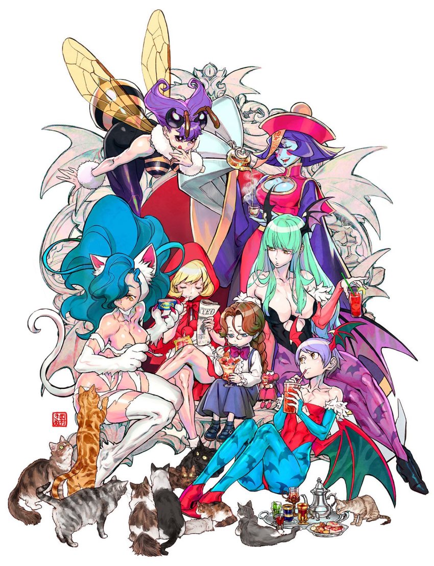 6+girls abs animal_ears animal_hands animal_print anita_(darkstalkers) arthropod_girl bat_print bat_wings big_hair blonde_hair blue_eyes blue_hair blue_skin b.b._hood capcom cat cat_ears cat_tail claws closed_mouth colored_skin crossed_legs demon_girl doll drinking drinking_straw felicia_(darkstalkers) green_hair headless_doll highres hime_cut jiangshi hsien-ko lilith_(darkstalkers) long_hair morrigan_aensland multiple_girls nishimura_kinu official_art pantyhose print_legwear purple_hair q-bee sample_watermark short_hair tail tea tea_set too_many too_many_cats darkstalkers watermark white_background wings yellow_eyes