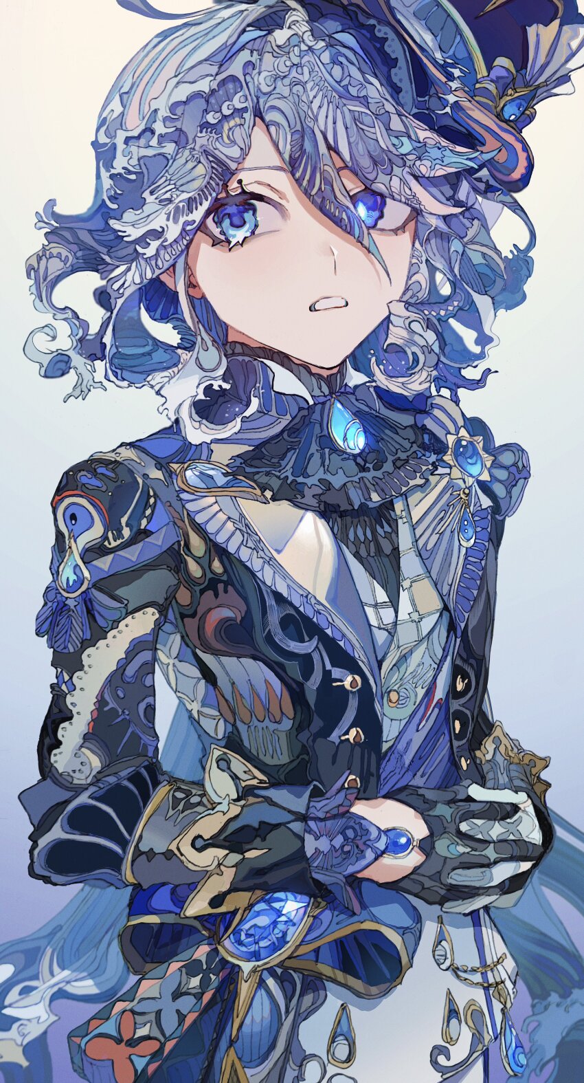 1girl absurdres ascot asymmetrical_gloves black_ascot black_gloves black_jacket black_shirt blue_brooch blue_eyes blue_gemstone blue_hair blue_hat blue_sash drop-shaped_pupils eyelashes facing_viewer furina_(genshin_impact) gem genshin_impact gloves gradient_background hair_between_eyes half_gloves hat highres jacket long_hair long_sleeves looking_to_the_side mismatched_gloves mismatched_pupils open_mouth own_hands_clasped own_hands_together patterned_clothing patterned_hair ponytail sash shirt shoulder_sash sleeve_cuffs solo symbol-shaped_pupils top_hat upper_body vest wavy_eyes white_gloves white_vest yadu_nadu