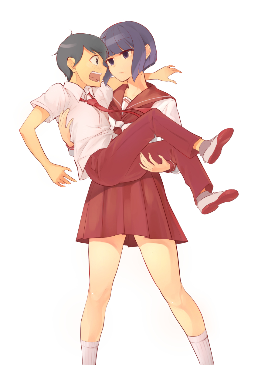 1boy 1girl black_hair blunt_bangs blunt_ends closed_mouth collared_shirt cover_image feet_out_of_frame highres inaba_makoto koeda_yuki_(koushinchou_no_kouhai_to_teishinchou_no_senpai_ga_renai_ni_hatten_suru_made) koushinchou_no_kouhai_to_teishinchou_no_senpai_ga_renai_ni_hatten_suru_made long_sleeves looking_at_another neckerchief necktie oohara_misaki_(koushinchou_no_kouhai_to_teishinchou_no_senpai_ga_renai_ni_hatten_suru_made) open_mouth pants pleated_skirt purple_eyes purple_hair red_neckerchief red_necktie red_pants red_sailor_collar red_skirt reverse_princess_carry sailor_collar school_uniform serafuku shirt shoes short_hair short_male short_sleeves simple_background skirt socks standing tall_female teeth uwabaki white_background white_shirt white_socks