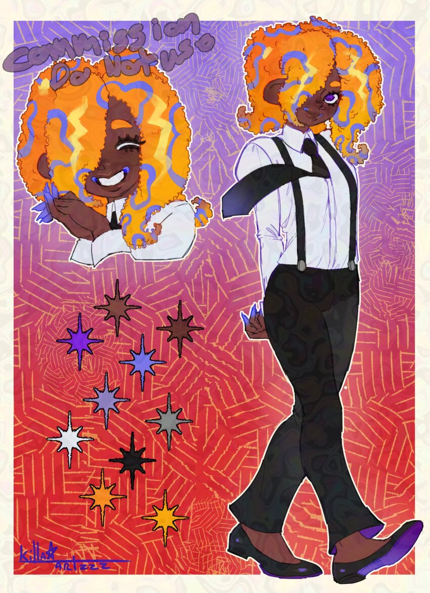 1girl absurdres arms_behind_back black_necktie black_pants black_shoes black_suspenders closed_eyes collared_shirt commission dark-skinned_female dark_skin highres killartzzz long_sleeves looking_at_viewer multiple_views necktie nintendo outline pants parted_lips purple_eyes shirt shirt_tucked_in shoes signature smile splatoon_(series) splatoon_3 tao_blu white_outline white_shirt