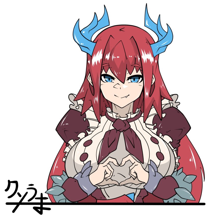 1girl blue_eyes breasts brown_dress dress duel_monster fang four-finger_heart_hands heart heart_hands highres kitchen_dragonmaid large_breasts long_hair maid maid_day oekaki_kumothu red_hair simple_background smile solo upper_body white_background yu-gi-oh!