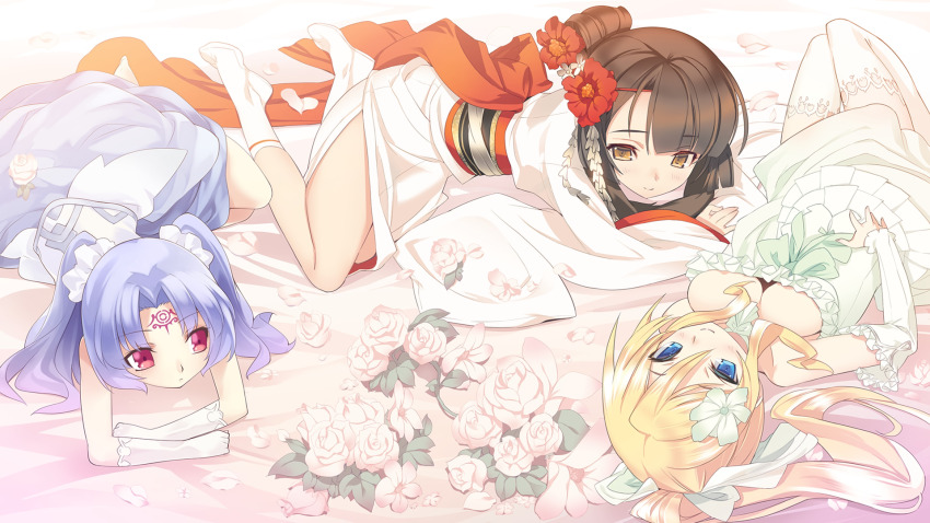 3girls agarest_senki_(series) agarest_senki_mariage bed_sheet blade_(galaxist) blonde_hair blue_eyes breasts brown_eyes brown_hair choker cleavage detached_sleeves dress facial_mark flower forehead_mark gloves hair_flower hair_ornament highres japanese_clothes jiolet kimono large_breasts long_hair long_sleeves looking_at_viewer lying multiple_girls non-web_source obi official_art on_back on_stomach petals photoshop_(medium) piadina ponytail purple_hair red_eyes saika_(agarest_senki) sash smile thighhighs twintails updo very_long_hair white_choker white_dress white_gloves white_thighhighs white_wings wide_sleeves wings