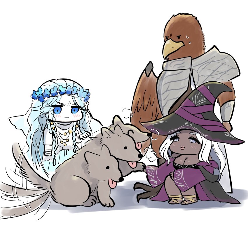 1boy 2girls absurdres alternate_skin_color bird_boy black_skin blush chibi colored_eyelashes colored_skin dark-skinned_female dark_skin dog dress elden_ring elden_ring_nightreign guardian_(elden_ring) hat hat_over_eyes hat_over_one_eye highres large_hat long_hair multiple_girls nijiomu purple_hat purple_sleeves recluse_(elden_ring) revenant_(elden_ring) very_dark_skin white_eyelashes witch witch_hat wooden_staff