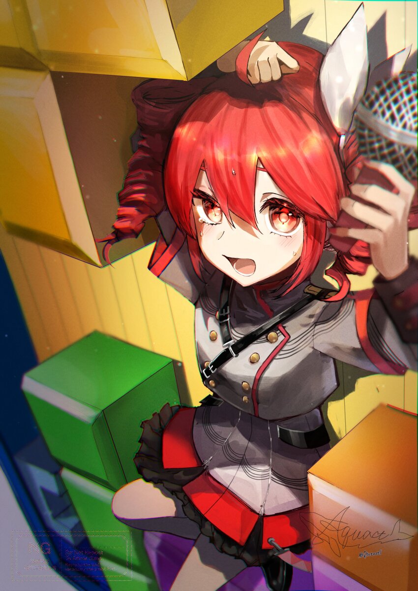 absurdres aquact arms_up belt black_belt black_sleeve_cuffs bow buttons commentary double-breasted drill_hair full_body grey_jacket grey_skirt hair_between_eyes hair_bow highres holding holding_microphone jacket kasane_teto kasane_teto_(sv) layered_skirt layered_sleeves long_sleeves lower_teeth_only microphone open_mouth red_eyes red_hair red_trim shoulder_belt sitting skirt striped_clothes striped_jacket striped_skirt synthesizer_v teeth tetoris_(synthesizer_v) tetris tongue twin_drills utau white_bow