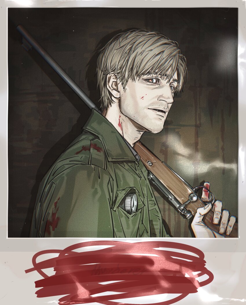 1boy absurdres adam&#039;s_apple bloober_team blood blood_on_clothes blood_on_hands bolt-action_rifle bolt_action brown_hair censored censored_text english_text fake_photograph green_shirt gun highres holding holding_gun holding_weapon james_sunderland konami long_hair male_focus nyeigneous parted_lips pointless_censoring polaroid_photo red_pupils remake rifle shirt short_hair silent_hill_(series) silent_hill_2 silent_hill_2_(remake) smoke solo sparse_stubble trigger_discipline weapon winchester_model_70 winchester_repeating_arms_company