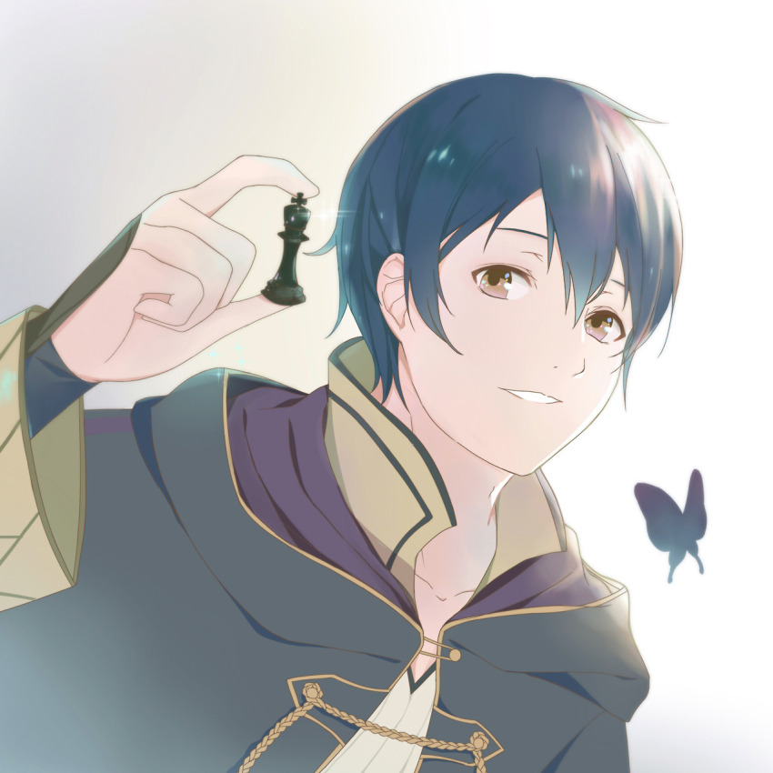 1boy black_coat blue_hair brown_eyes bug butterfly chess_piece coat commentary english_commentary fire_emblem fire_emblem_awakening hair_between_eyes highres holding holding_chess_piece hood hooded_coat insect male_focus morgan_(fire_emblem) morgan_(male)_(fire_emblem) nintendo open_clothes open_coat parted_lips raphim-thille short_hair smile solo