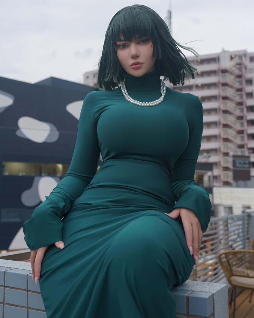 1girl alina_becker breasts building cosplay dress fubuki_(one-punch_man) fubuki_(one-punch_man)_(cosplay) green_dress green_eyes green_hair highres jewelry large_breasts looking_at_viewer necklace one-punch_man outdoors pearl_necklace real_life rooftop short_hair sitting