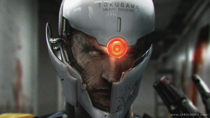 1boy absurdres blood blood_splatter blurry blurry_background commentary cyborg cyborg_ninja damaged english_commentary faceplate fake_screenshot gloves gray_fox highres jarold_sng machinery mask unworn_mask metal_gear_(series) metal_gear_solid one-eyed realistic scar scar_on_face sensor signature spoilers video_game white_eyes