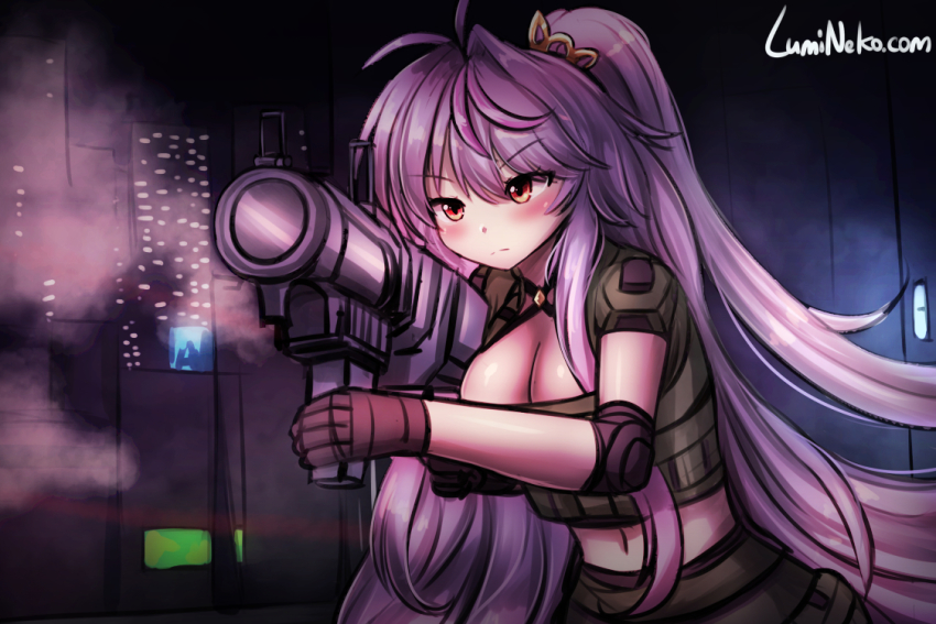 1girl alternate_costume artist_name azur_lane black_gloves blush breasts cleavage commentary elbow_pads english_commentary gloves grenade_launcher grenville_(azur_lane) large_breasts long_hair lumineko midriff navel pun purple_hair red_eyes very_long_hair weapon x-com xcom_2