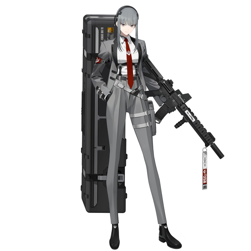 1girl ar-15 assault_rifle belt belt_pouch black_gloves black_shoes black_survival breasts chest_strap closed_mouth collared_shirt colored_skin eternal_return:_black_survival full_body gloves grey_eyes grey_hair grey_jacket grey_pants gun hand_in_pants hand_in_pocket haze_(black_survival) headset highres hime_cut holding holding_weapon jacket long_hair long_sleeves medium_breasts multishot_rocket_launcher necktie official_art pants pouch red_necktie rifle rocket_launcher shirt shoes simple_background solo standing strap taut_clothes taut_shirt transparent_background uniform utility_belt weapon white_shirt white_skin