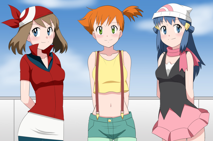 3girls aqua_shorts bandana bike_shorts black_shirt blue_eyes blue_hair blue_shorts blush breasts brown_hair cleavage collarbone crop_top dawn_(pokemon) groin hat highres jacket kakkii long_hair looking_at_viewer may_(pokemon) medium_breasts midriff miniskirt misty_(pokemon) multiple_girls navel nintendo open_clothes open_shorts orange_hair pink_skirt pokemon pokemon_(anime) pokemon_dppt_(anime) pokemon_rse_(anime) red_bandana red_jacket shirt short_hair short_shorts short_sleeves shorts skirt sleeveless sleeveless_shirt stomach strap_gap suspender_shorts suspenders takaya_n very_long_hair white_background white_headwear