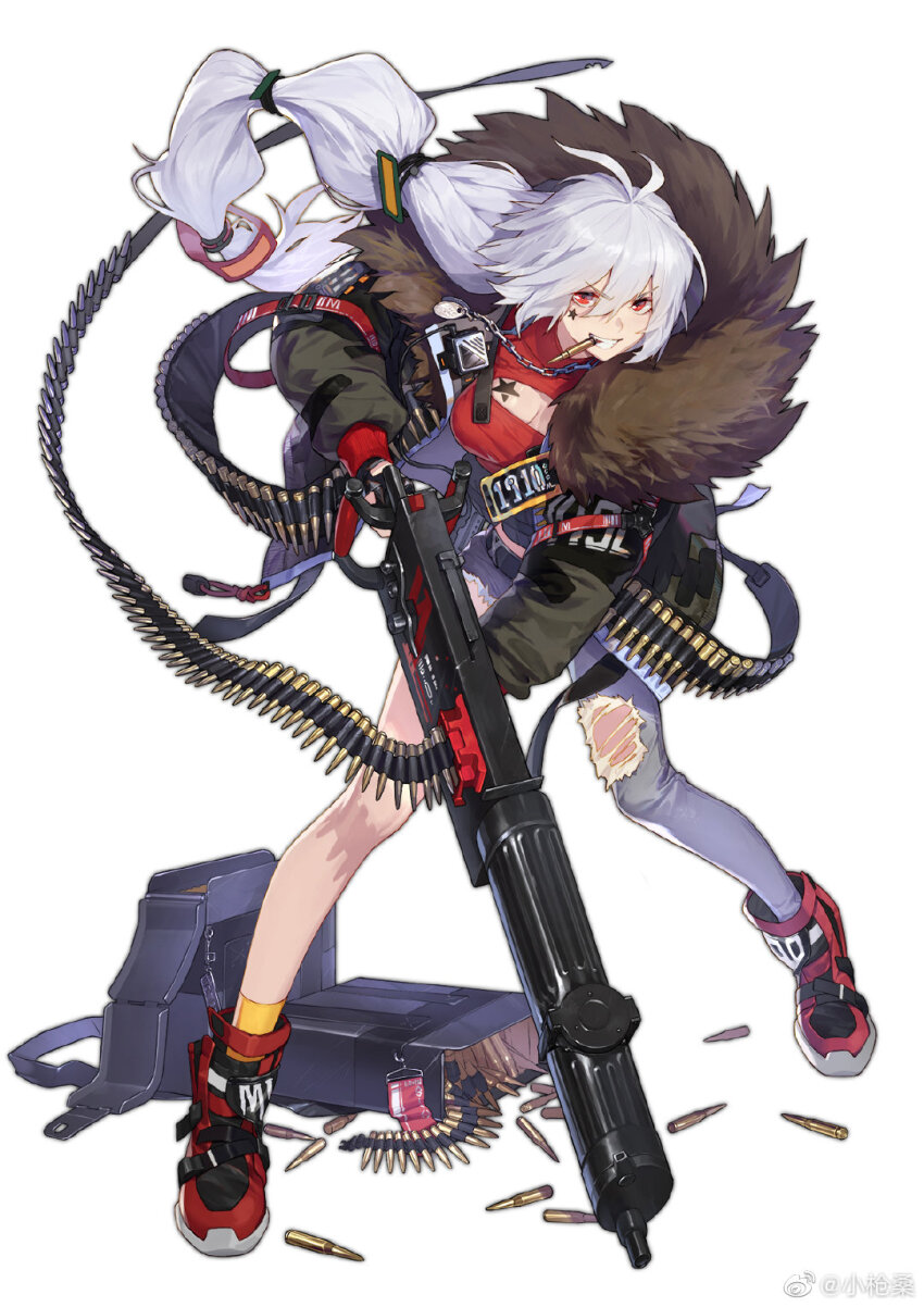 1girl ammunition ammunition_belt asymmetrical_legwear cleavage_cutout clothing_cutout denim facial_mark fur-trimmed_jacket fur_trim girls&#039;_frontline gun highres holding holding_gun holding_weapon jacket jeans looking_at_viewer machine_gun maxim_gun mouth_hold official_art pants pm1910_(girls&#039;_frontline) ponytail red_eyes red_sweater shoes sneakers star_(symbol) star_facial_mark sweater torn_clothes torn_jeans torn_pants watermark weapon weibo_username weibo_watermark white_background white_hair xiao_qiang_sang