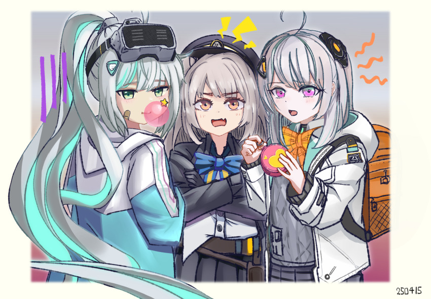 3girls admi_(nikke) ahoge bag bandaid bandaid_on_cheek bandaid_on_face belt black_gloves blowing_bubble_gum blue_bow blue_bowtie bomb border bow bowtie brown_eyes chewing_gum collared_shirt crossed_arms dated epinel_(nikke) explosive fang gloves goddess_of_victory:_nikke green_eyes green_hair grey_hair grey_sweater hair_ornament hat head-mounted_display headgear highres holding hood hooded_jacket jacket long_hair long_sleeves looking_at_viewer multicolored_hair multiple_girls open_mouth pink_eyes pleated_skirt ponytail shirt sidelocks skin_fang skirt soline_(nikke) star_(symbol) streaked_hair sweater tebasake yellow_bow yellow_bowtie