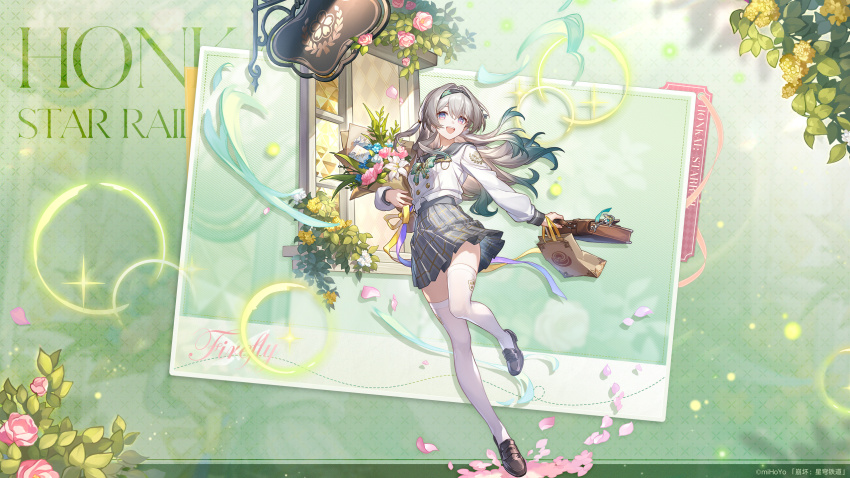 1girl aqua_hair bag black_hairband black_sailor_collar black_shoes black_skirt bouquet character_name english_text firefly_(honkai:_star_rail) firefly_(spring_missive)_(honkai:_star_rail) flower full_body gradient_hair grey_hair hairband highres holding holding_bag holding_bouquet honkai:_star_rail honkai_(series) loafers long_hair long_sleeves looking_at_viewer multicolored_hair official_alternate_costume official_art official_wallpaper open_mouth sailor_collar school_uniform shirt shoes skirt smile solo standing standing_on_one_leg thighhighs white_shirt white_thighhighs zettai_ryouiki