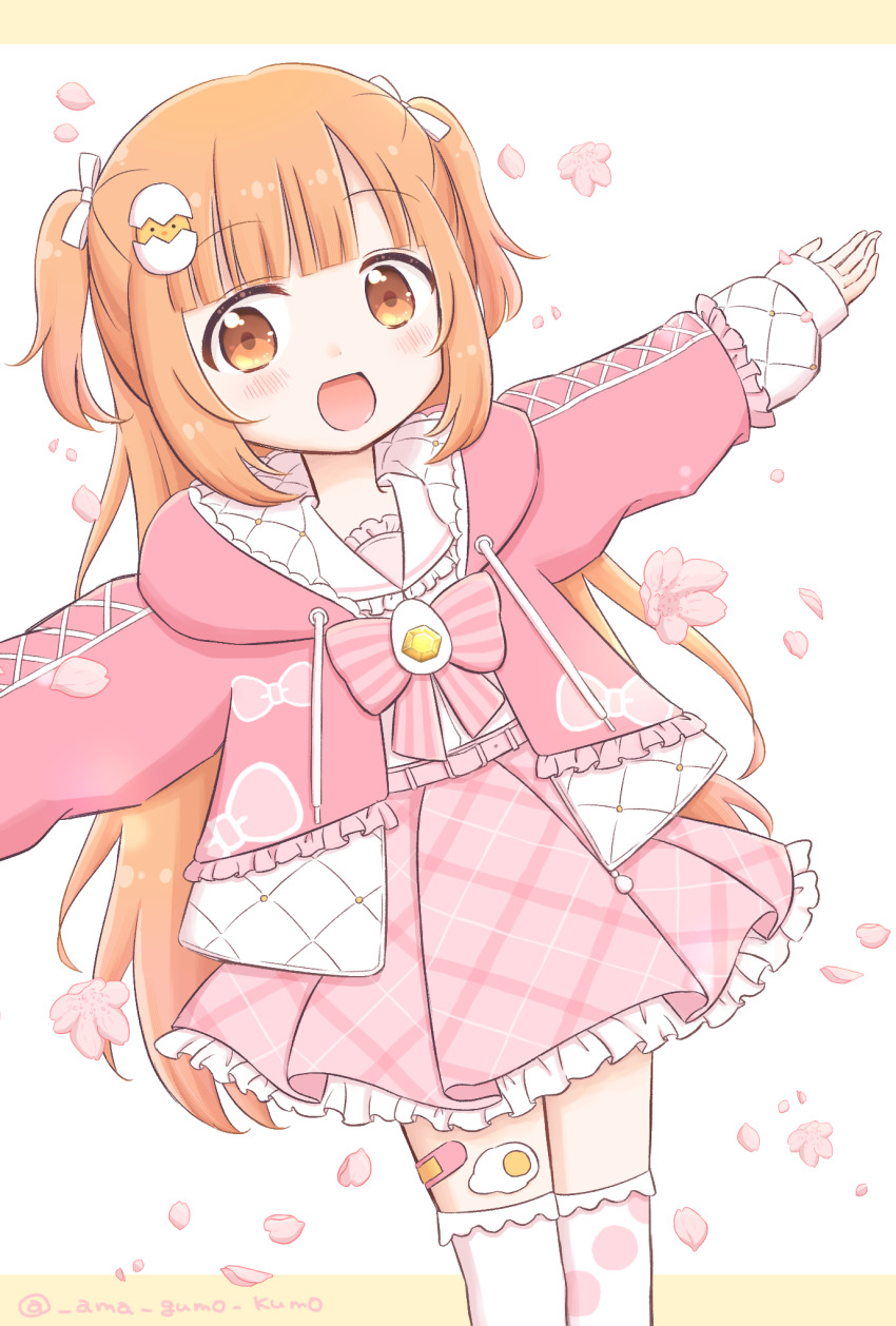 1girl asymmetrical_legwear bandaid_on_thigh belt blush border bow bowtie cherry_blossoms drawstring dutch_angle egg_hair_ornament falling_petals feet_out_of_frame food-themed_hair_ornament frilled_jacket frilled_sailor_collar frills gem hair_ornament hair_ribbon highres hood hooded_jacket jacket kirara_tamako kirara_tamako_(2nd_costume) letterboxed long_hair long_sleeves looking_at_viewer mismatched_legwear nijisanji open_clothes open_jacket open_mouth orange_eyes orange_hair outside_border outstretched_arms petals petticoat pink_belt pink_bow pink_bowtie pink_jacket pink_skirt plaid_clothes plaid_skirt pleated_skirt polka_dot polka_dot_thighhighs puffy_long_sleeves puffy_sleeves purinippai ribbon sailor_collar shirt skirt sleeves_past_wrists smile solo spread_arms standing sticker_on_leg striped_bow striped_bowtie striped_clothes thighhighs twitter_username two-sided_fabric two-sided_jacket two_side_up virtual_youtuber white_background white_ribbon white_sailor_collar white_shirt white_thighhighs yellow_border yellow_gemstone