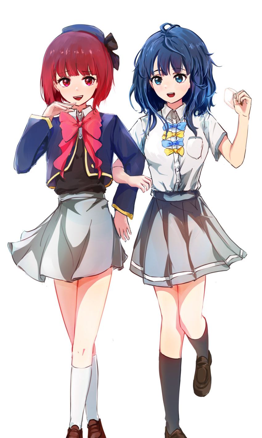 2girls absurdres arima_kana beret black_bow black_socks black_sweater_vest blue_bow blue_bowtie blue_eyes blue_hair blue_hat blue_jacket bob_cut bow bowtie breasts brown_footwear chinese_commentary collared_shirt commentary_request cropped_jacket dress_shirt grey_skirt hand_up hat hat_bow highres huijin inverted_bob jacket kneehighs loafers locked_arms long_sleeves make_heroine_ga_oo_sugiru! medium_breasts medium_hair multiple_girls open_mouth oshi_no_ko pink_bow pink_bowtie pleated_skirt red_eyes red_hair season_connection shirt shoes short_hair short_sleeves simple_background skirt socks sweater_vest teeth upper_teeth_only white_background white_shirt white_socks yanami_anna yellow_bow yellow_bowtie