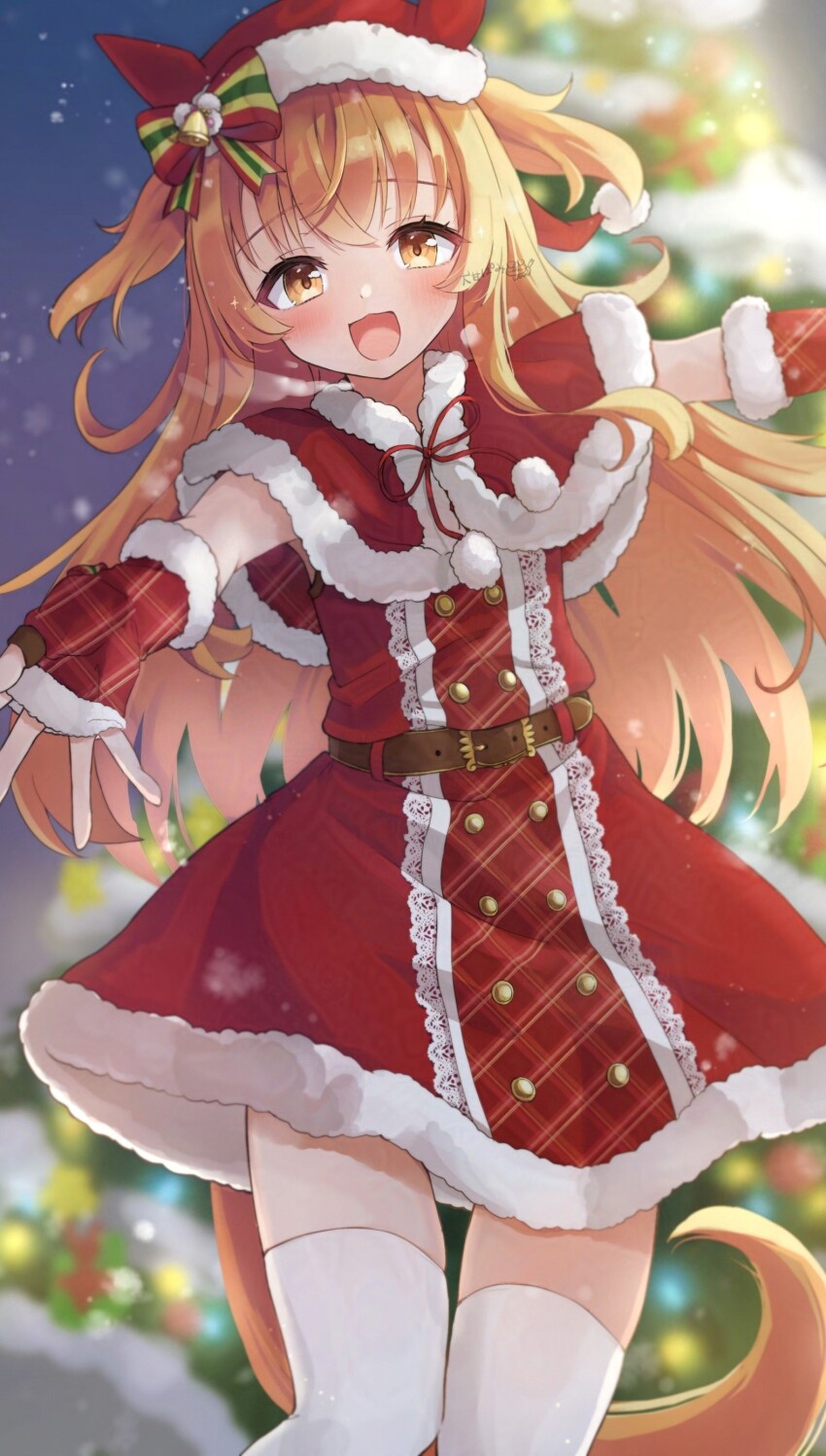 1girl absurdres animal_ears belt blurry blurry_background blush brown_belt capelet christmas christmas_tree commentary_request dress feet_out_of_frame fingerless_gloves fur-trimmed_capelet fur-trimmed_dress fur-trimmed_gloves fur-trimmed_headwear fur_trim gloves gold_buttons hat hat_bell highres horse_ears horse_girl horse_hat horse_tail long_hair looking_at_viewer mayano_top_gun_(formation:_party)_(umamusume) mayano_top_gun_(umamusume) night open_mouth orange_eyes orange_hair outstretched_arms plaid_clothes plaid_gloves potarou_pomi red_capelet red_dress red_gloves santa_costume santa_dress santa_hat smile solo tail thighhighs two_side_up umamusume white_thighhighs