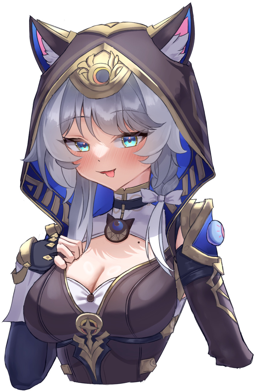 1girl animal_ears animal_hood black_gloves blue_eyes blush braid breasts cat_ears cat_girl cat_hood cipher_(honkai:_star_rail) cleavage cleavage_cutout clothing_cutout fingerless_gloves gloves grey_hair highres honkai:_star_rail honkai_(series) hood hoodie large_breasts long_sleeves open_mouth rua_(rua0007113) side_braid simple_background smile solo tongue tongue_out upper_body white_background