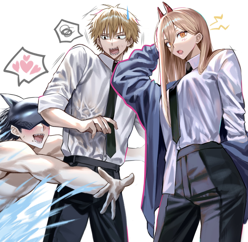1girl 2boys absurdres beam_(chainsaw_man) black_hair black_necktie black_pants blonde_hair blue_jacket blush chainsaw_man collared_shirt demon_girl demon_horns denji_(chainsaw_man) formal_clothes gomang1201 heart highres horns jacket long_hair multiple_boys multiple_girls necktie pant_suit pants power_(chainsaw_man) red_horns shark_boy sharp_teeth shirt shirt_partially_tucked_in short_hair simple_background speech_bubble spoken_squiggle squiggle suit sweatdrop teeth water white_background white_shirt