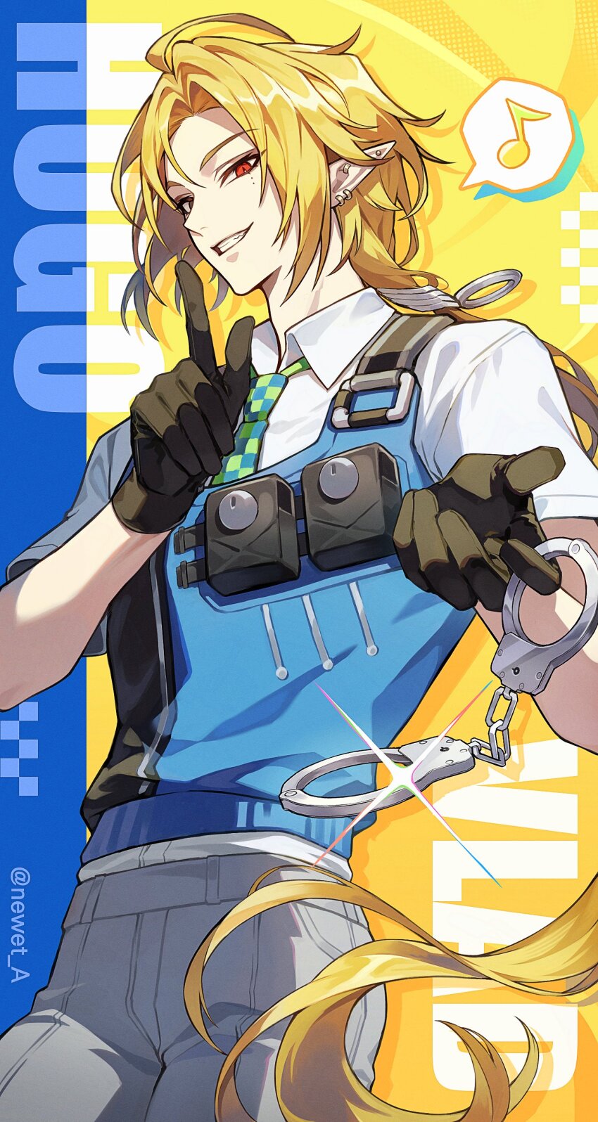 1boy absurdres black_gloves blonde_hair blue_vest collared_shirt cowboy_shot cuffs gloves grey_pants grin handcuffs highres holding holding_handcuffs hugo_vlad long_hair looking_at_viewer male_focus musical_note newet_a pants pointy_ears ponytail red_eyes shirt smile solo spoken_musical_note teeth vest white_shirt zenless_zone_zero