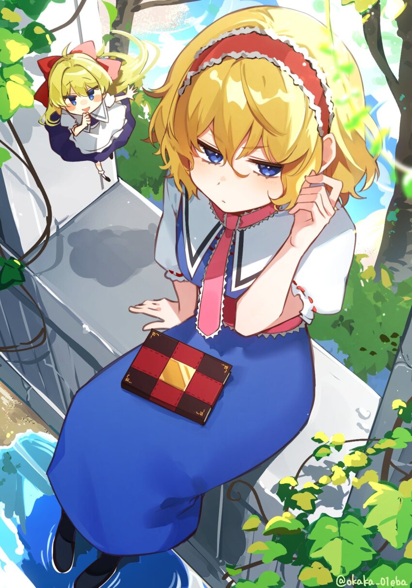 1girl alice_margatroid apron ascot blonde_hair blue_dress blue_eyes blush bow bush capelet commentary_request day dress frilled_apron frilled_hairband frilled_sash frills grimoire_of_alice hair_bow hairband highres leaf long_dress long_hair maid medium_hair outdoors pink_ascot playing_with_own_hair puffy_short_sleeves puffy_sleeves red_bow red_hairband red_sash sash shanghai_doll shirt short_sleeves sitting touhou tree tsumikitsuki_(katsuobushi) waist_apron white_apron white_capelet white_shirt
