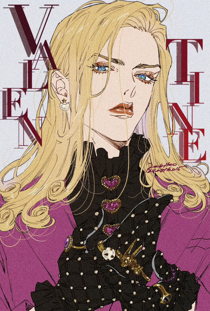 1boy argyle_clothes argyle_gloves black_gloves black_shirt blonde_hair blue_eyes character_name curly_hair dirty_deeds_done_dirt_cheap earrings eyeshadow film_grain formal_clothes funny_valentine gloves hagiko15 heart highres jewelry jojo_no_kimyou_na_bouken long_hair looking_at_viewer makeup male_focus pink_suit red_lips ring shirt signature simple_background solo steel_ball_run suit twitter_username upper_body white_background