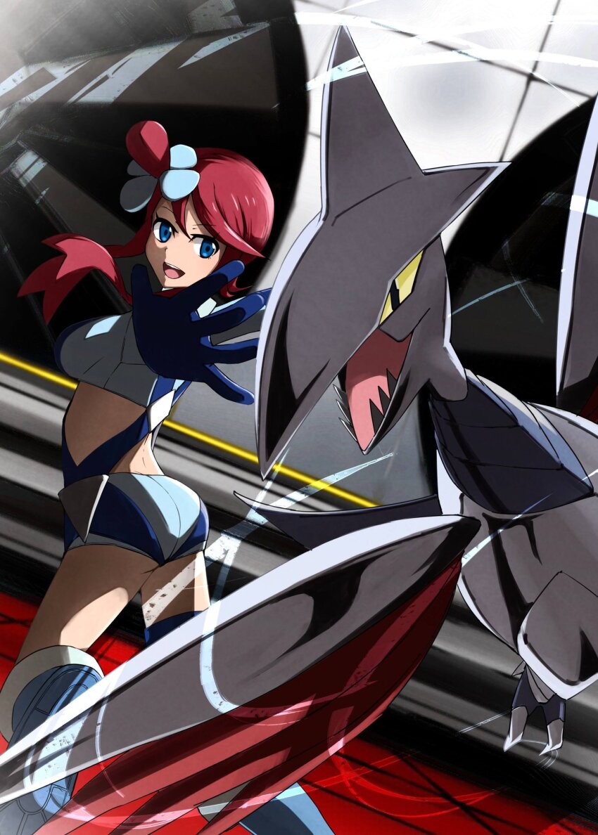 1girl ass bird blue_eyes boots breasts crop_top from_behind gen_2_pokemon highres large_breasts long_hair mikamikamikage nintendo pokemon pokemon_bw red_hair short_shorts shorts skarmory skyla_(pokemon) steel teeth upper_teeth_only wings yellow_eyes