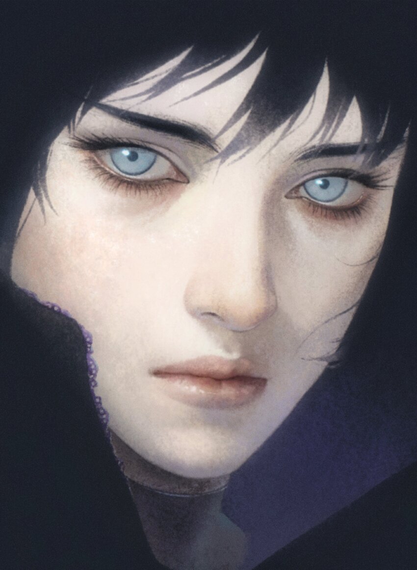 1girl absurdres aizheajsee black_hair blue_eyes expressionless ghost_in_the_shell head_only highres looking_at_viewer medium_hair portrait realistic solo