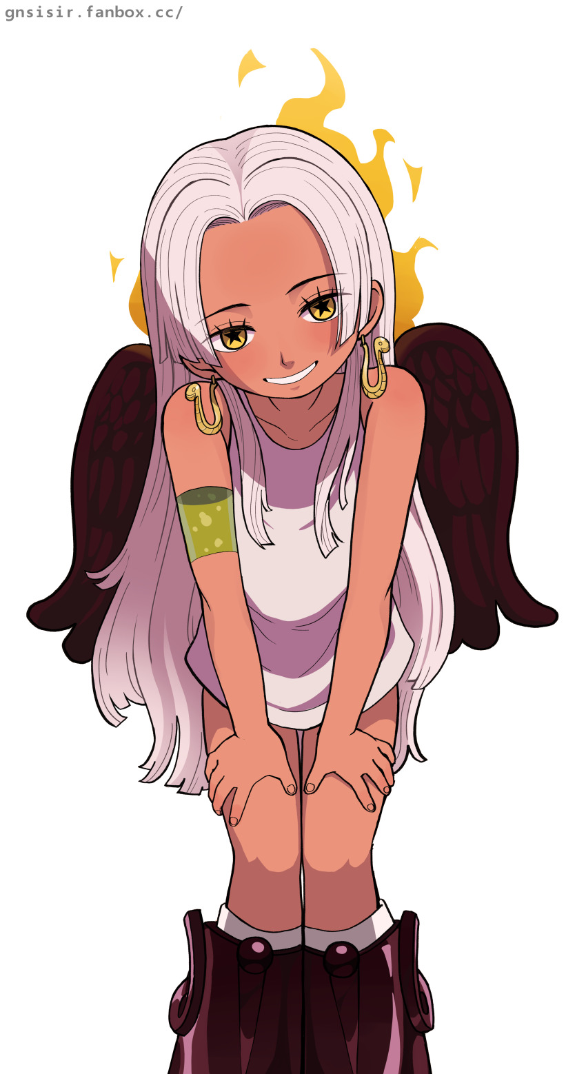 1girl absurdres alternate_hair_length alternate_hairstyle angel_wings bare_arms bare_legs bare_shoulders black_boots black_wings blood boots collarbone dark-skinned_female dark_skin dress earrings fanbox_username feet_out_of_frame female_focus fire from_below gnsisir green_blood grin hair_over_shoulder head_tilt highres jewelry leaning_forward legs_together long_hair looking_at_viewer nose one_piece s-snake seraphim_(one_piece) short_dress simple_background sleeveless sleeveless_dress smile snake_earrings solo standing star-shaped_pupils star_(symbol) symbol-shaped_pupils thigh_gap very_long_hair white_background white_dress white_hair wings yellow_eyes