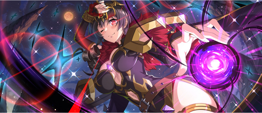 1girl arm_up arue_(konosuba) black_bridal_gauntlets black_dress breasts bridal_gauntlets brown_hair cleavage clothing_cutout dress drill_hair drill_sidelocks eyepatch from_below full_moon game_cg glowing glowing_eye gold_trim hand_on_own_head highres kono_subarashii_sekai_ni_shukufuku_wo! konosuba!_fantastic_days large_breasts light_blush long_hair looking_at_viewer looking_down magic moon navel navel_cutout night night_sky official_alternate_costume official_art one_eye_closed orange_moon red_eyes shade side_slit sidelocks sky smile solo sparkle thighs tight_clothes tight_dress umbrakinesis underboob_cutout