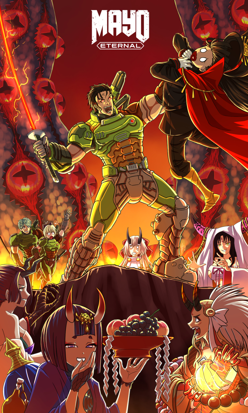 3boys 6+girls anger_vein arm_up asphyxiation banana black_horns brown_footwear character_request claws cosplay demon_girl doom_(series) doom_eternal doomguy doomguy_(cosplay) fate/grand_order fate_(series) fire flaming_sword flaming_weapon food fruit gloves glowing glowing_eyes grapes hair_ornament highres horns ibaraki_douji_(fate) kijo_kouyou_(fate) kijo_kouyou_(third_ascension)_(fate) magic multiple_boys multiple_girls oda_nobunaga_(fate) okita_souji_(fate) okita_souji_(koha-ace) oni open_mouth peach purple_eyes red_background red_eyes sheath sheathed shide shuten_douji_(fate) skin-covered_horns smile strangling substance20 sword tomoe_gozen_(fate) weapon yellow_eyes