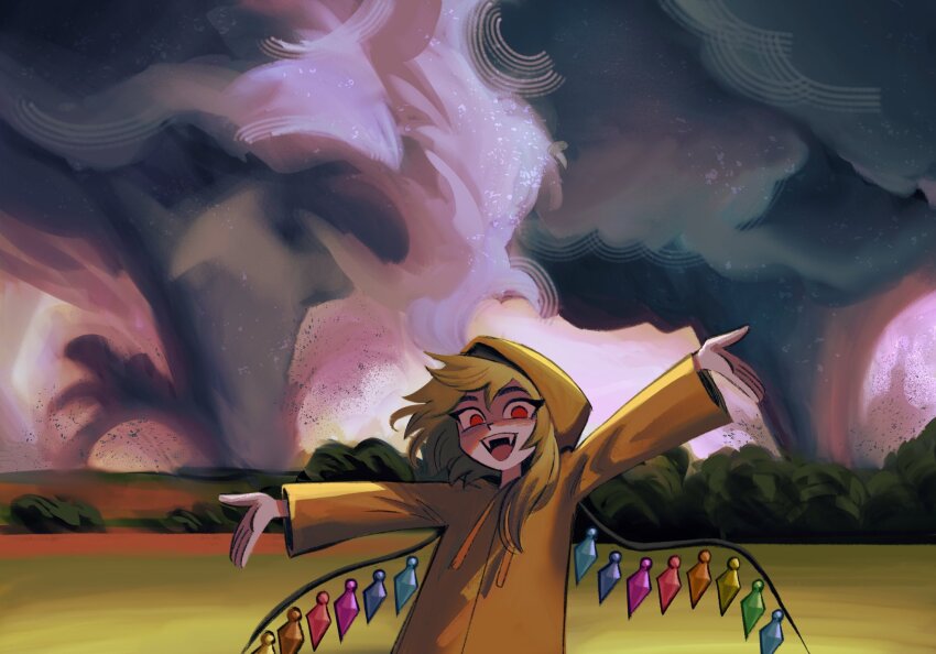 1girl alternate_costume arms_up blonde_hair cloud cloudy_sky crystal crystal_wings drawstring field flandre_scarlet flandrepudding happy highres hood hood_up hoodie looking_at_viewer one_side_up open_mouth outdoors outstretched_arms red_eyes sharp_teeth sky smile solid_circle_pupils solo teeth tornado touhou tree upper_body wings yellow_hoodie