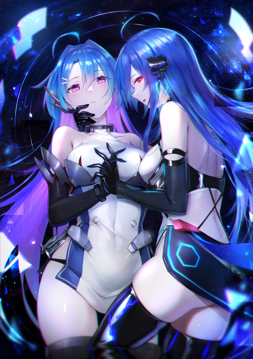 2girls absurdres ahoge armpit_crease ass azur_lane back_cutout bare_shoulders black_footwear black_gloves black_panties black_thighhighs blue_hair boots breasts clothing_cutout dual_persona elbow_gloves gloves hand_on_another&#039;s_face helena_(azur_lane) helena_(meta)_(azur_lane) helena_(retrofit)_(azur_lane) highres holding_hands interlocked_fingers kai_(esugi) long_hair looking_at_another looking_at_viewer medium_breasts multicolored_hair multiple_girls panties purple_eyes purple_hair red_eyes tabard thigh_boots thighhighs thighs two-tone_hair underwear