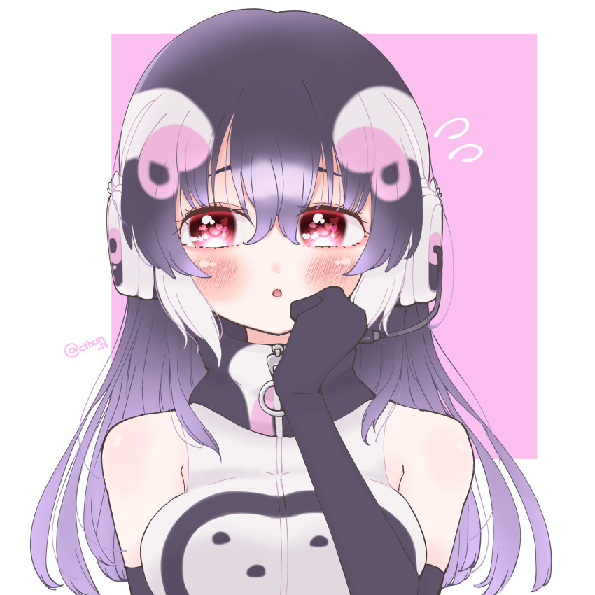 1girl absurdres african_penguin_(kemono_friends) bare_shoulders black_hair cthun_n elbow_gloves gloves headphones highres hood hoodie kemono_friends kemono_friends_v_project long_hair microphone multicolored_hair penguin_girl pink_background purple_hair red_eyes simple_background solo straight_hair sweat upper_body virtual_youtuber white_hair zipper