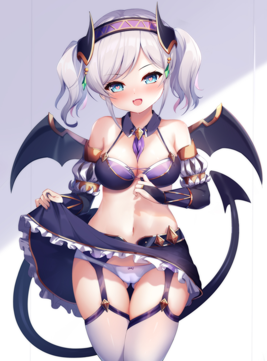 1girl absurdres akari_(princess_connect!) artist_request blue_eyes blush bow bow_panties bra bra_pull breasts cameltoe clothes_lift clothes_pull cowboy_shot demon_girl demon_horns demon_tail demon_wings detached_sleeves fang garter_straps grey_hair heart heart-shaped_pupils highres horns large_breasts navel open_mouth panties princess_connect! second-party_source short_hair skirt skirt_lift solo symbol-shaped_pupils tail thighhighs twintails underwear white_background white_panties white_thighhighs wings