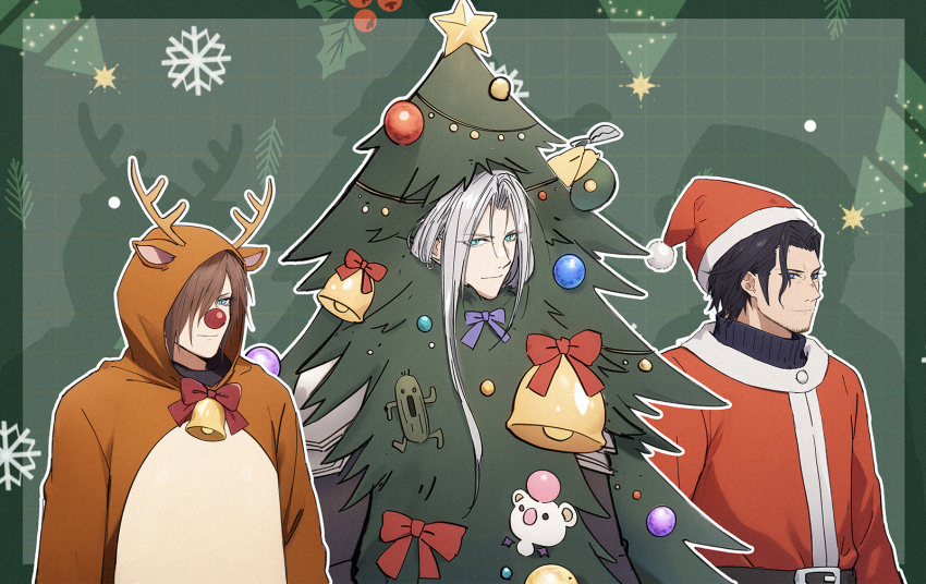 3boys angeal_hewley animal_costume antlers bell belt belt_buckle black_hair blue_eyes brown_hair buckle christmas christmas_ornaments christmas_star christmas_tree closed_mouth commentary crisis_core_final_fantasy_vii fake_nose final_fantasy final_fantasy_vii genesis_rhapsodos green_eyes grey_hair hair_over_one_eye hat highres horns jacket long_hair male_focus moogle morikawaimori multiple_boys neck_bell parted_bangs pom_pom_(clothes) red_hat red_jacket reindeer_antlers reindeer_costume sabotender santa_costume santa_hat sephiroth short_hair snowflakes sweater symbol-only_commentary turtleneck turtleneck_sweater upper_body