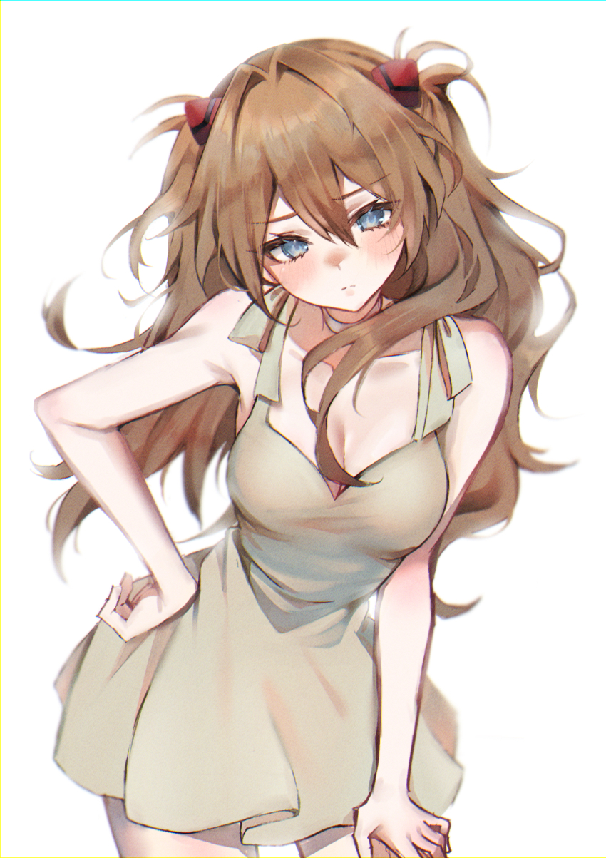 1girl arm_rest artist_request bare_legs blue_eyes blush breasts brown_hair cleavage dress floating_clothes floating_hair hair_ornament hand_on_own_hip highres long_hair looking_at_viewer medium_breasts neon_genesis_evangelion no_bra shiny_skin simple_background skin_tight solo souryuu_asuka_langley standing sundress tsundere two_side_up white_background wide_hips