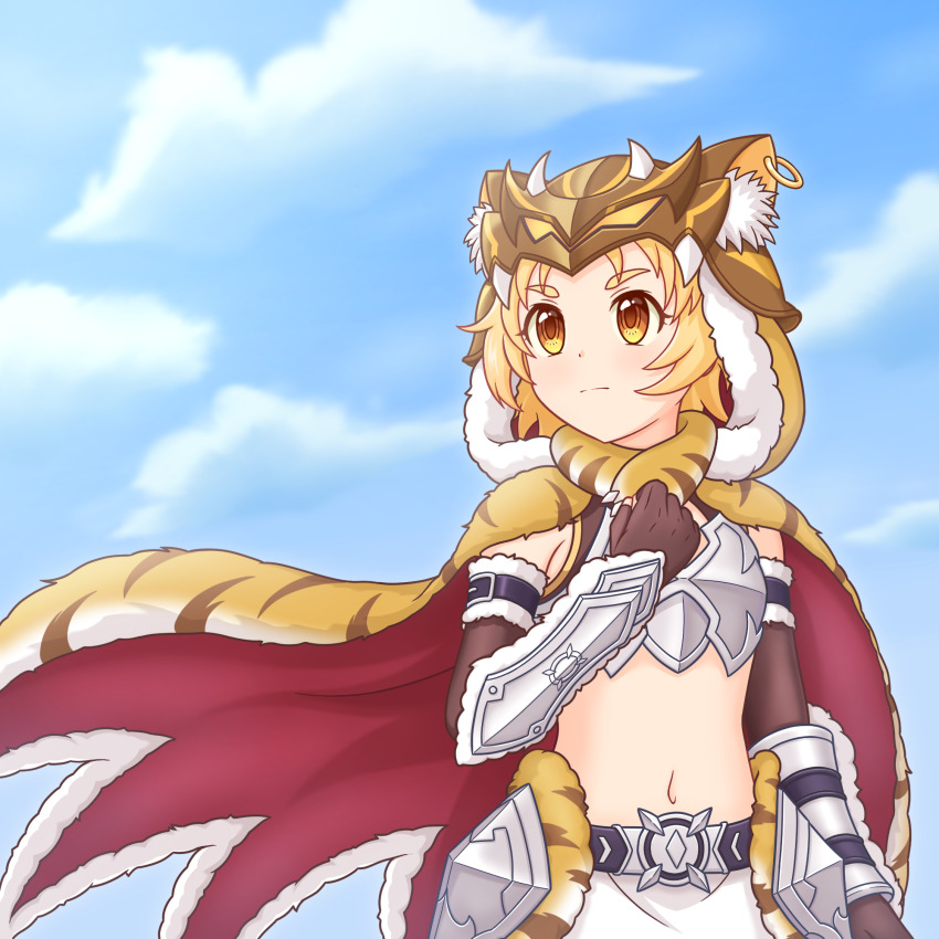 1girl animal_ear_fluff animal_hat animal_print blonde_hair breasts cloak closed_mouth fur-trimmed_hood fur_trim green-x hat hat_ring highres hood looking_to_the_side matsuri_(princess_connect!) matsuri_(wild)_(princess_connect!) midriff navel outdoors princess_connect! short_hair small_breasts solo tiger_print yellow_eyes