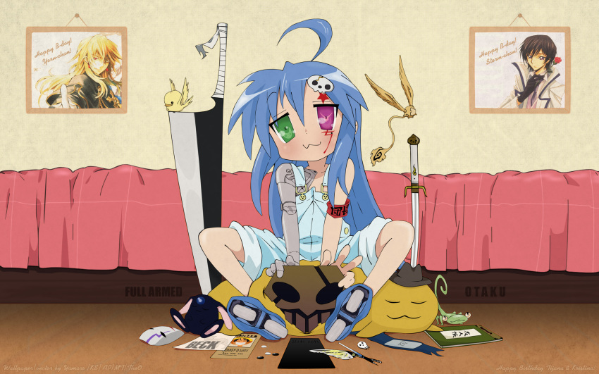 1girl :3 ahoge air_gear allen_walker armband artist_request bakuman beck bed bird bleach blue_hair chameleon cheese-kun code_geass crossover d.gray-man darker_than_black death_note edward_elric facial_mark female_focus flat_chest fullmetal_alchemist g-pen geass green_eyes hat headband hei_(darker_than_black) heterochromia highres hikaru_no_go inline_skates izumi_konata katekyo_hitman_reborn! lelouch_vi_britannia leon_(katekyo_hitman_reborn!) lizard long_hair lucky_star mask mokona monkey_d._luffy naked_overalls naruto_(classic) naruto_(series) natsume_yuujinchou one_piece otaku overalls pandora_hearts parody pen pizza_hut prosthesis purple_eyes roller_skates rozen_maiden samurai_champloo sitting skates solo soul_eater spread_legs stuffed_animal stuffed_toy suzumiya_haruhi suzumiya_haruhi_no_yuuutsu sword tengen_toppa_gurren_lagann third-party_edit very_long_hair watermark weapon what xxxholic zangetsu_(bleach)