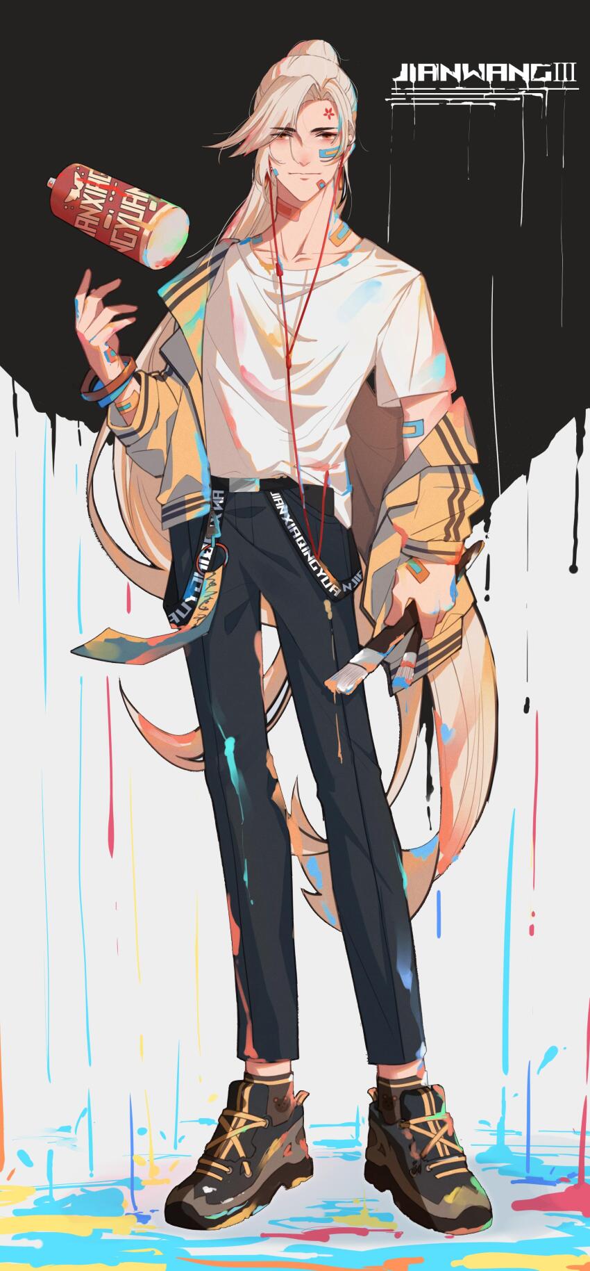 1boy absurdres bandaid bandaid_on_arm bandaid_on_face bandaid_on_hand bandaid_on_neck belt black_background black_belt black_pants black_shoes brown_eyes brown_socks cable cellphone closed_mouth copyright_name earphones flower_facial_mark full_body hand_up highres holding holding_brush holding_paintbrush jacket jianxia_qingyuan_(series) jianxia_qingyuan_online_3 legs_apart long_hair long_sleeves looking_at_viewer object_in_pocket off_shoulder open_clothes open_jacket paint_splatter paint_stains paintbrush pants phone pocket ponytail shirt shirt_partially_tucked_in shoes short_sleeves smartphone sneakers socks solo spray_can spray_paint standing swept_bangs t-shirt tossing two-tone_background very_long_hair white_background white_hair white_shirt yellow_jacket yi_er_san