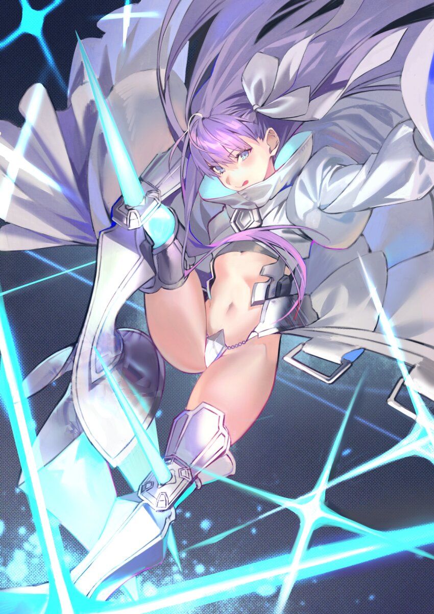 1girl :q absurdres blue_background blue_eyes closed_mouth clothing_request crotch_plate dress fate/grand_order fate_(series) floating_hair foot_out_of_frame hair_ribbon highres hiro_(hirohiro_gorira) leg_up long_hair looking_at_viewer meltryllis_(fate) meltryllis_(third_ascension)_(fate) navel purple_hair ribbon shin_guards solo tongue tongue_out very_long_hair white_dress white_ribbon
