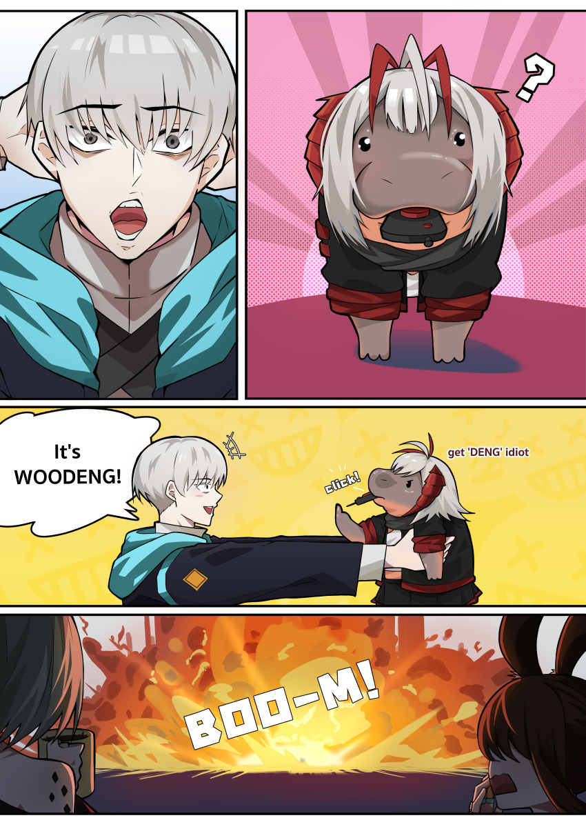 1boy 2girls ? absurdres amiya_(arknights) animal_ears animalization antennae arknights black_jacket blush chainsaw_man coffee commentary cup doctor_(arknights) english_commentary english_text explosion from_side grey_eyes grey_hair highres holding holding_cup jacket kal&#039;tsit_(arknights) male_doctor_(arknights) meme moo_deng mouth_hold mug multiple_girls open_mouth parody rabbit_ears real_life saturdaylight scared shocked_black_guy_(meme) short_hair surprised w_(arknights)