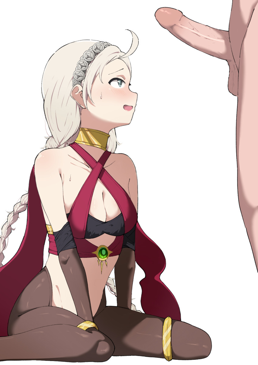 1boy 1girl absurdres ahoge alternate_costume bare_shoulders bodystocking braid breasts bridal_gauntlets bridal_legwear cleavage closed_eyes commission commissioner_upload cosplay criss-cross_halter dancer dorothea_arnault dorothea_arnault_(plegian) dorothea_arnault_(plegian)_(cosplay) fazekas fire_emblem fire_emblem_fates fire_emblem_heroes gold_collar hairband halterneck harem_outfit hetero highres jewelry kiran_(fire_emblem) long_hair looking_at_penis low_twin_braids low_twintails male_kiran_(fire_emblem) medium_breasts nina_(fire_emblem) nintendo non-web_source open_mouth parted_bangs penis_awe thigh_ring thighlet twin_braids twintails white_hair