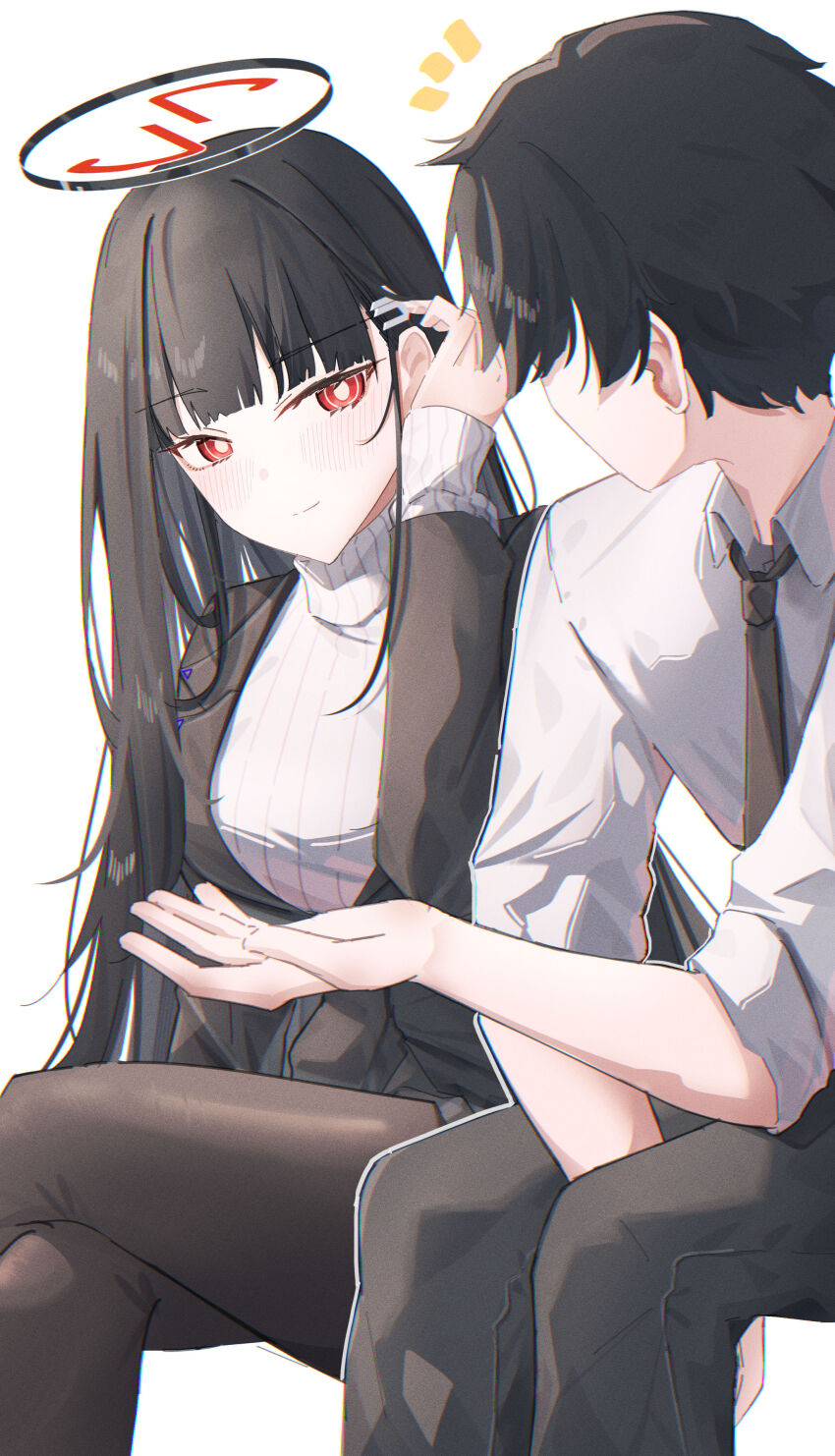 1boy 1girl absurdres black_hair black_jacket black_necktie black_pantyhose blazer blue_archive blush crossed_legs hair_ornament hairclip halo highres jacket leonardo_566 long_hair necktie pantyhose red_eyes ribbed_sweater ringed_eyes rio_(blue_archive) sensei_(blue_archive) simple_background sitting smile sweater turtleneck white_background