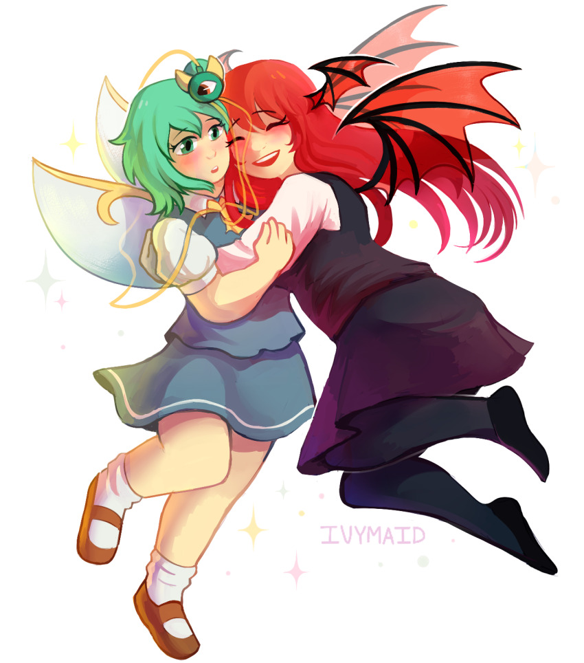 2girls :d :o ^_^ artist_name ascot bat_wings black_pantyhose black_shoes black_skirt black_vest blue_skirt blue_vest blush brown_shoes closed_eyes collared_shirt commentary commission daiyousei english_commentary fairy_wings full_body fusion green_eyes green_hair hair_between_eyes happy head_wings highres hug ivymaid koakuma komeiji_satori long_hair long_sleeves multiple_girls nose open_mouth pantyhose puffy_short_sleeves puffy_sleeves red_eyes red_hair red_wings shirt shoes short_hair short_sleeves side_ponytail simple_background skirt skirt_set smile socks sparkle third_eye touhou transparent_background transparent_wings vest white_shirt white_socks wings yellow_ascot