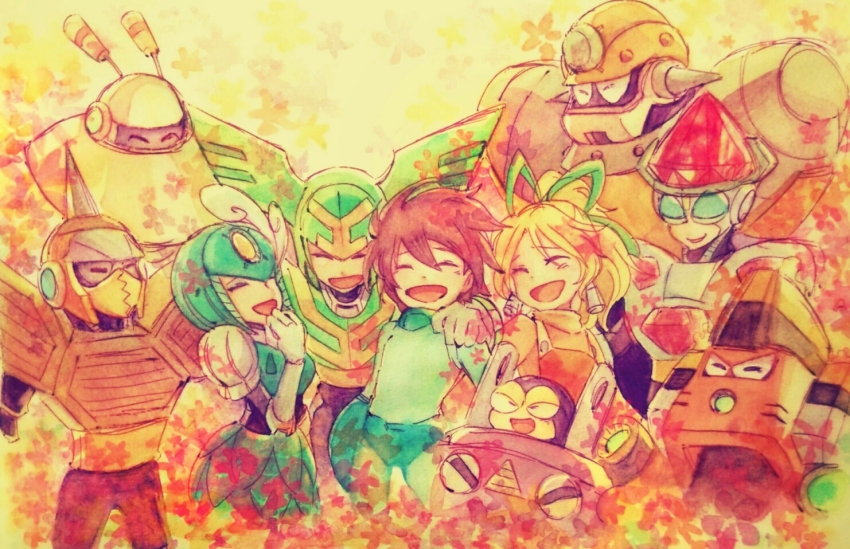 2girls 6+boys arm_cannon blonde_hair blue_bodysuit blue_headwear bodysuit brown_hair closed_eyes commentary_request concrete_man dress everyone galaxy_man gem green_headwear hand_on_another&#039;s_shoulder happy helmet honeycomb_(pattern) hornet_man horns jewel_man long_hair magma_man arm_cannon mega_man_(character) mega_man_(classic) mega_man_(series) mega_man_9 mermaid monster_girl multiple_boys multiple_girls no_headwear open_mouth orange_headwear plug plug_man red_dress robot robot_girl roll_(mega_man) short_hair smile splash_woman takenokonoko tornado_man traditional_media ufo weapon