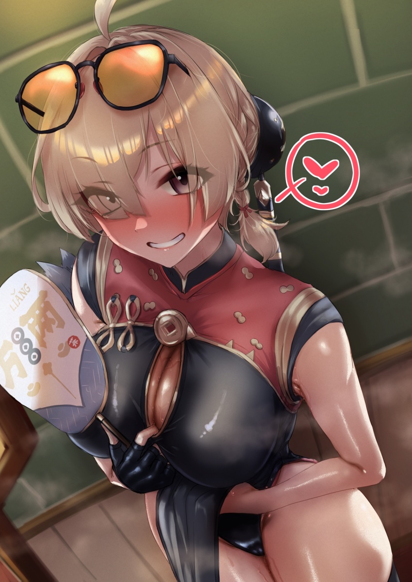 1girl breasts byoushitsu_403 china_dress chinese_clothes cleavage dress eyewear_on_head fingerless_gloves from_above gloves hair_over_one_eye hand_fan heart highres holding lifting_own_clothes looking_at_viewer purple_eyes seductive_smile smile solo spoken_heart sweety_(zenless_zone_zero) zenless_zone_zero