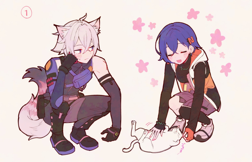 1boy 1girl animal_ears belle_(zenless_zone_zero) black_footwear black_gloves black_socks black_thighhighs blue_hair boots cat cat_boy cat_ears cat_tail closed_eyes closed_mouth commentary_request crossed_bangs detached_sleeves flower_symbol gloves grey_hair grey_skirt hair_between_eyes open_mouth pants petting scar scar_on_arm seth_lowell short_hair simple_background single_sock single_thighhigh skirt socks squatting sweat tail thighhighs vm0du white_cat zenless_zone_zero