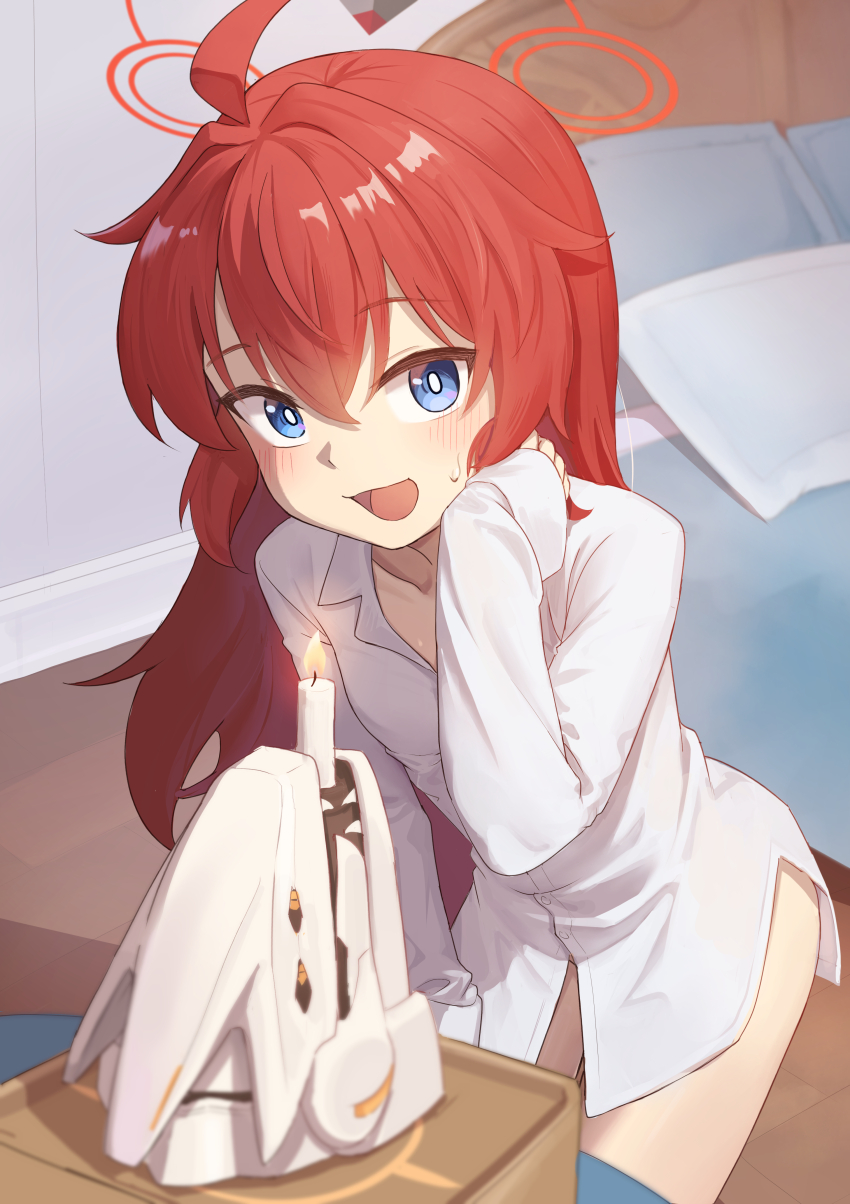 1girl absurdres ahoge alternate_costume alternate_hairstyle bed binah_(blue_archive) blowing_candle blue_archive blue_eyes blush bottomless breasts bright_pupils candle collarbone commentary_request hair_between_eyes halo hand_on_own_face highres hirotaka0125 indoors leaning_forward long_hair long_sleeves looking_at_viewer maki_(blue_archive) open_mouth red_hair red_halo shirt sleeves_past_wrists small_breasts solo sweatdrop very_long_hair white_pupils white_shirt